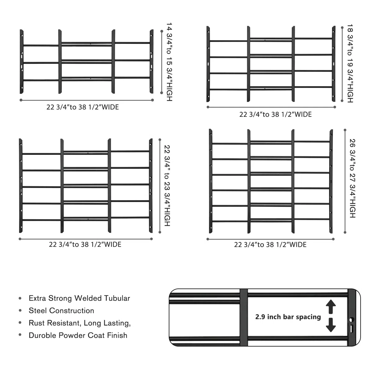 Grisham AWG feste Fenster-Sicherheitsstangen (schwarz, 5 Stangen), 55,9 cm H x 55,9 cm - 106,7 cm Breite, Fensterschutz für Kinder, Stahlrohr, rostfrei