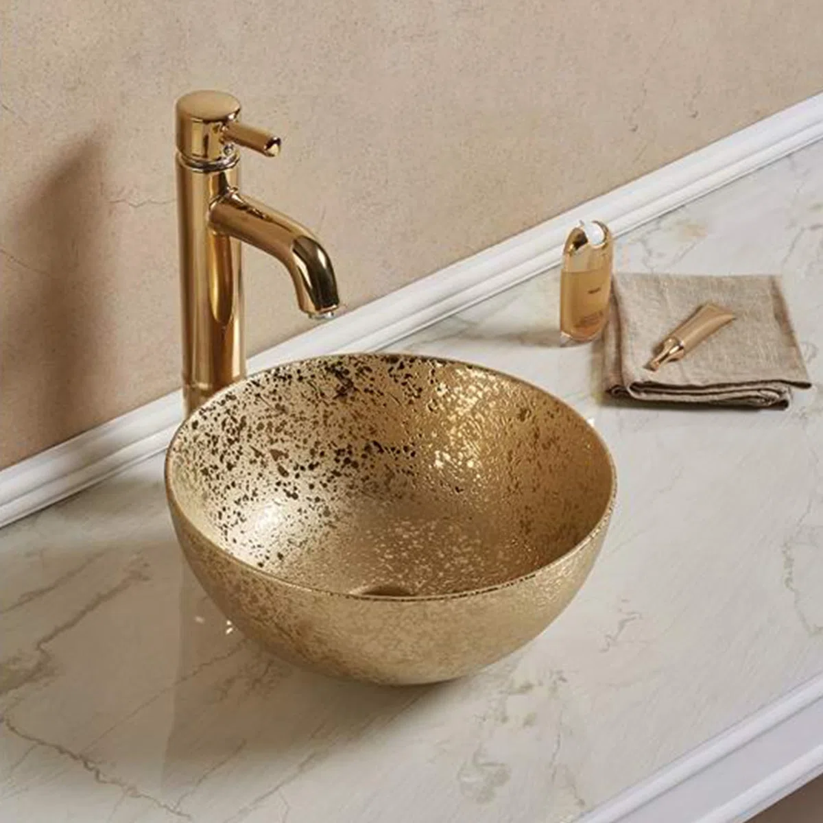 Aufsatzwaschbecken rund Ø35,8 cm – Waschbecken Gold matt aus Keramik – Kleines Aufsatzbecken für Bad, Gäste WC & Waschtisch – Design Handwaschbecken, modernes Waschbecken rund