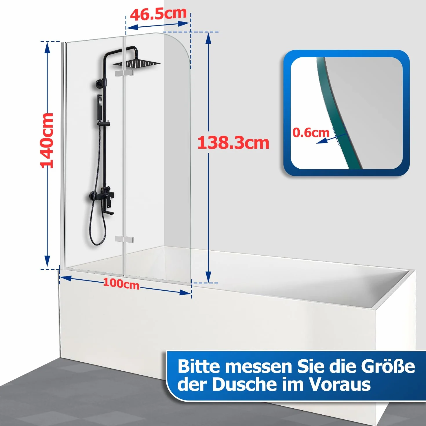 Duschwand für Badewanne 100 x 140 cm, faltbare 2-teilige Glas Duschtrennwand, 6 mm ESG Sicherheitsglas, Badewannenaufsatz, Silber Transparent