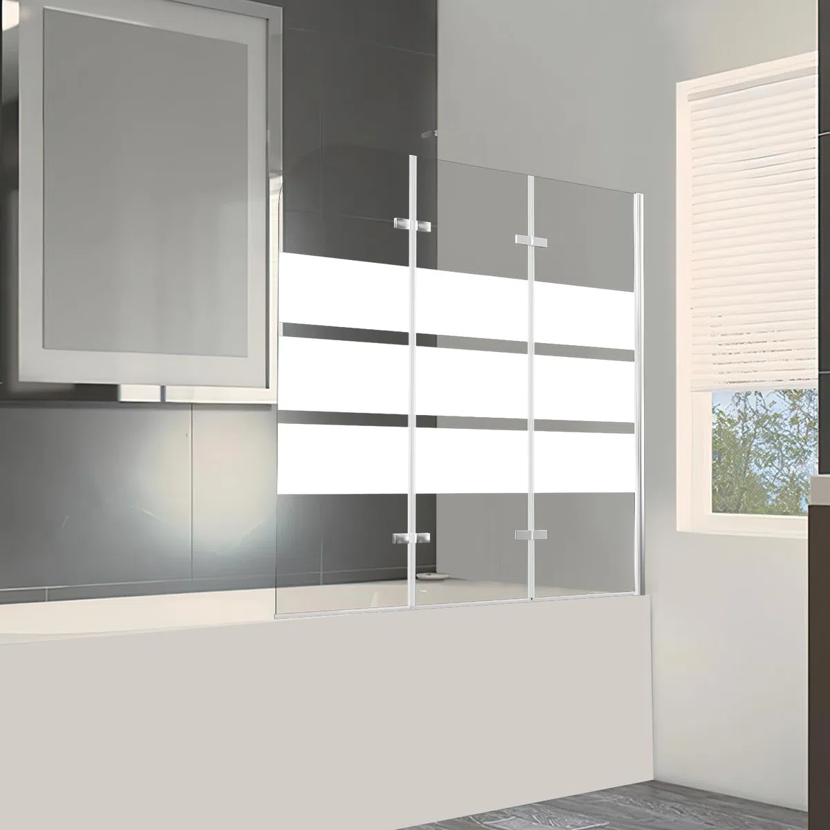 Daromigo Duschwand für Badewanne, 120x140cm Faltbar Duschwand Badewanne 3-Teilig,mit 6mm ESG Sicherheitsglas,Badewannen Duschwand Weiße Streifen,Glas Badewannenwand
