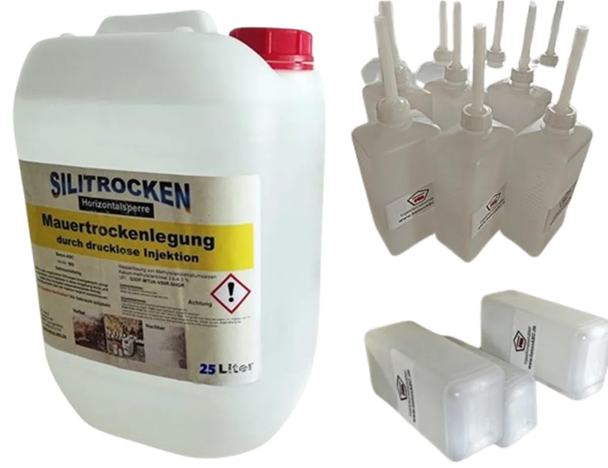 Bohrlochinjektion Nachträgliche Horizontal-Abdichtung Horizontalsperre 25 L+10 Behälter, SILITROCKEN