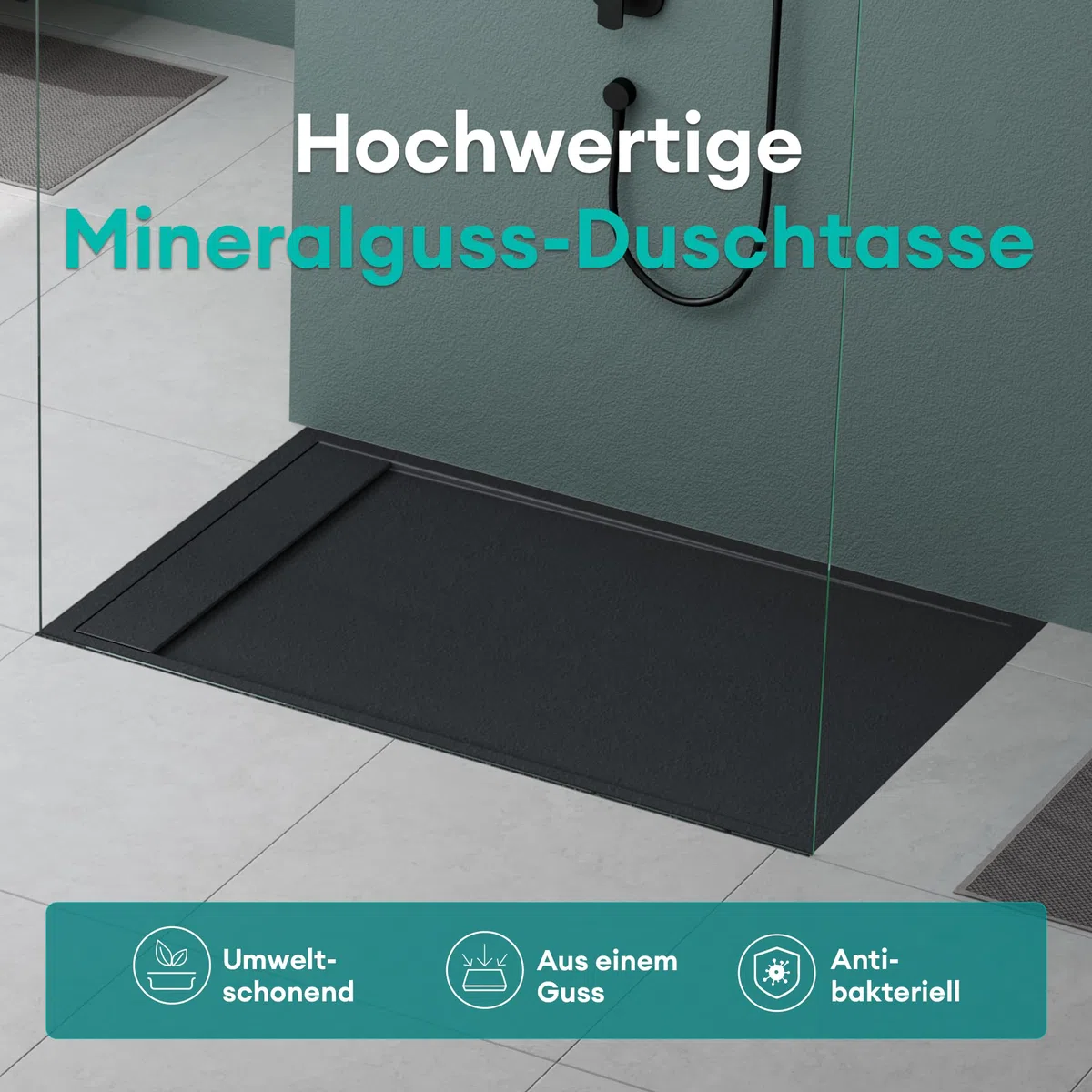 doporro Duschtasse 90x140x3cm aus Mineralguss in Anthrazit Ablaufgarnitur