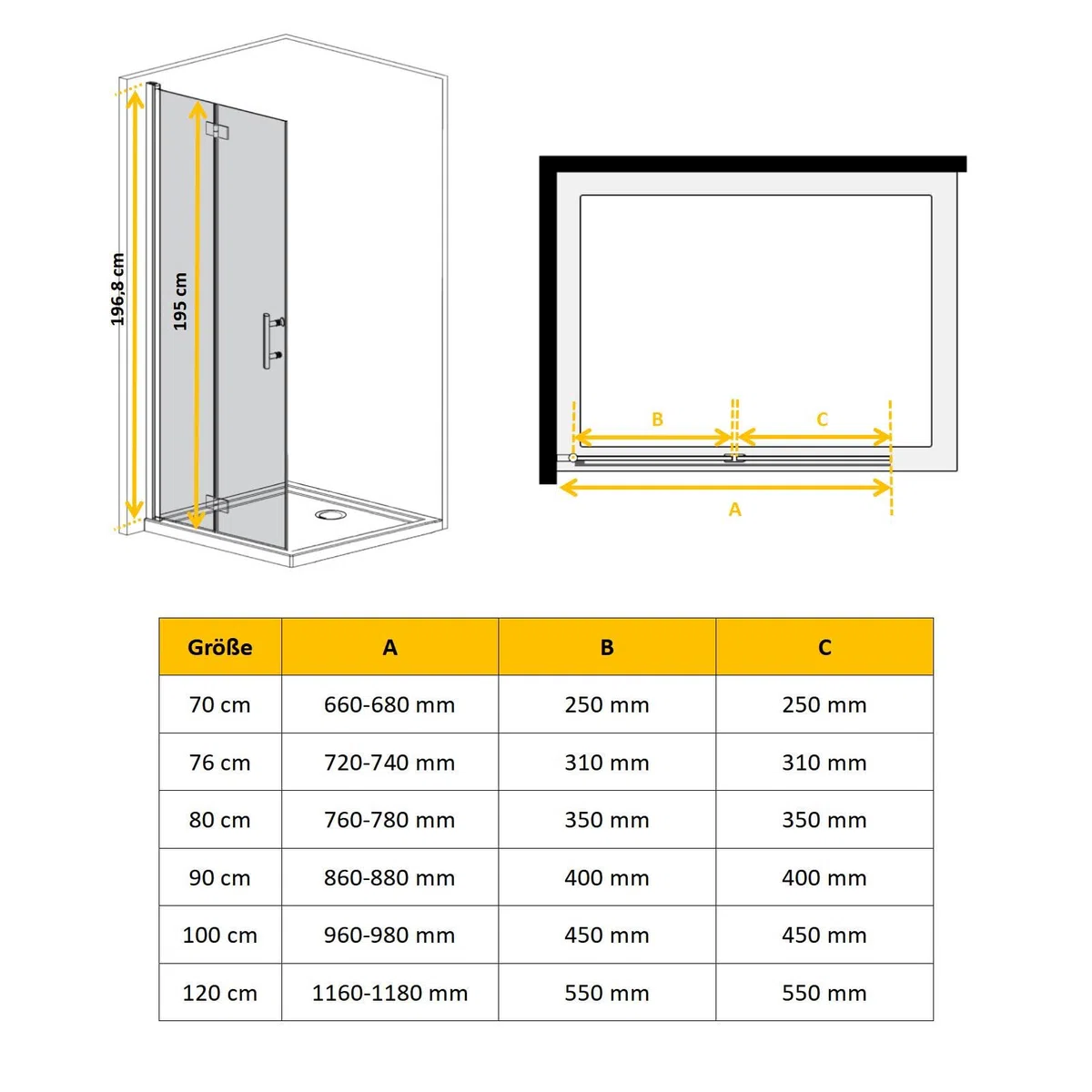 WITEN&NOCK Walk In Duschwand Dusche 120cm Drehfalttür Faltbare Duschtür Trennwand ESG Nano Glas 195cm