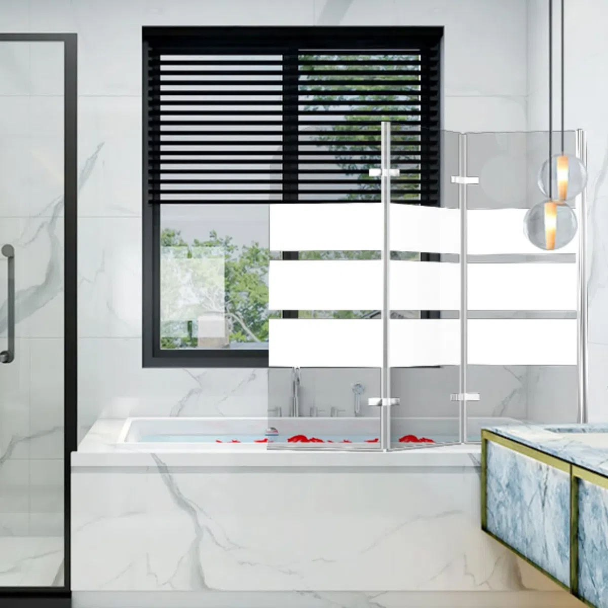 Daromigo Duschwand für Badewanne, 120x140cm Faltbar Duschwand Badewanne 3-Teilig,mit 6mm ESG Sicherheitsglas,Badewannen Duschwand Weiße Streifen,Glas Badewannenwand
