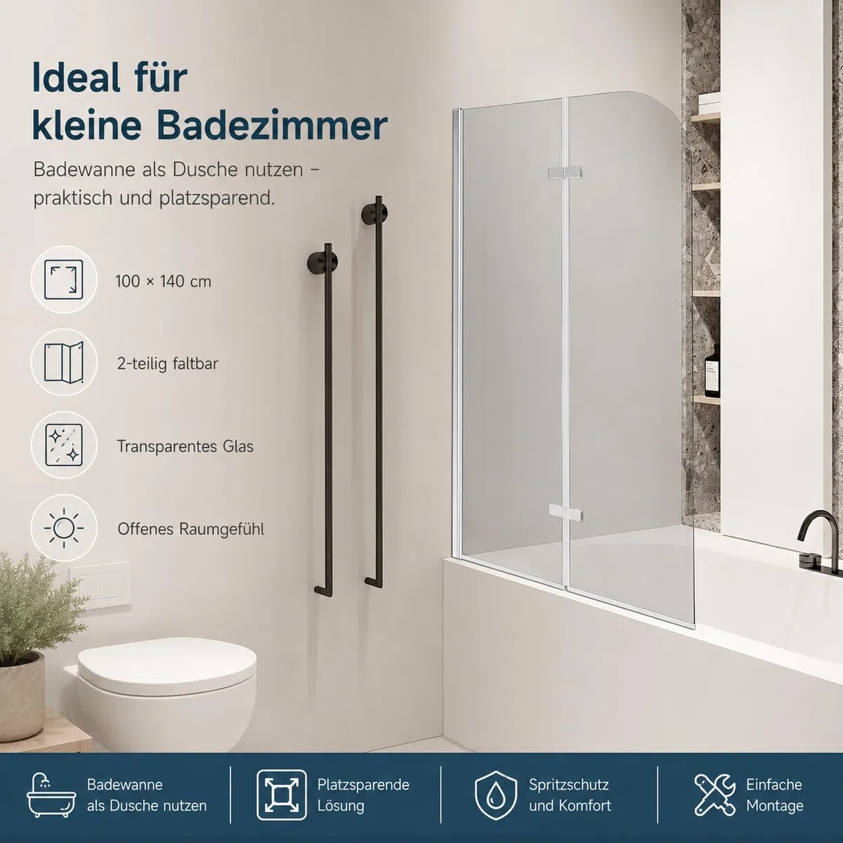 Duschwand für Badewanne 100 x 140 cm, faltbare 2-teilige Glas Duschtrennwand, 6 mm ESG Sicherheitsglas, Badewannenaufsatz, Silber Transparent