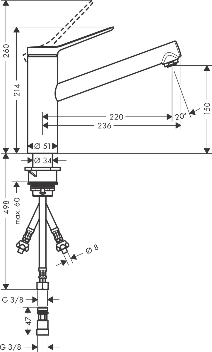 hansgrohe Niederdruck Küchenarmatur Zesis M33, Wasserhahn Küche mit Auslauf Höhe 150mm, für offene Warmwasserbereiter, schwenkbar, 1 Strahlart, Mattschwarz