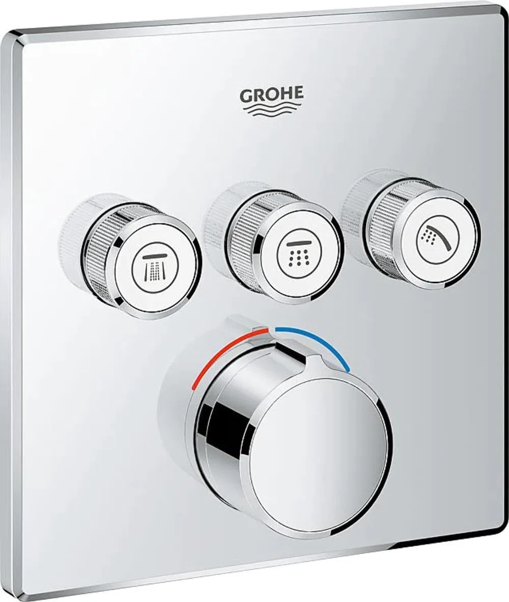 GROHE Grohtherm Smartcontrol, Duscharmatur Unterputz (3 Absperrventile, ultraflaches Design, Wandrosette aus Metall, Fertigmontageset, ohne Rohbau-Set SmartBox) eckig, chrom, 29149000