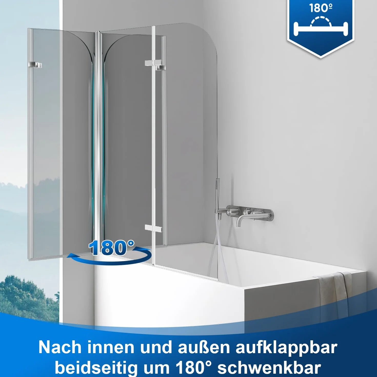 Duschwand für Badewanne 100 x 140 cm, faltbare 2-teilige Glas Duschtrennwand, 6 mm ESG Sicherheitsglas, Badewannenaufsatz, Silber Transparent