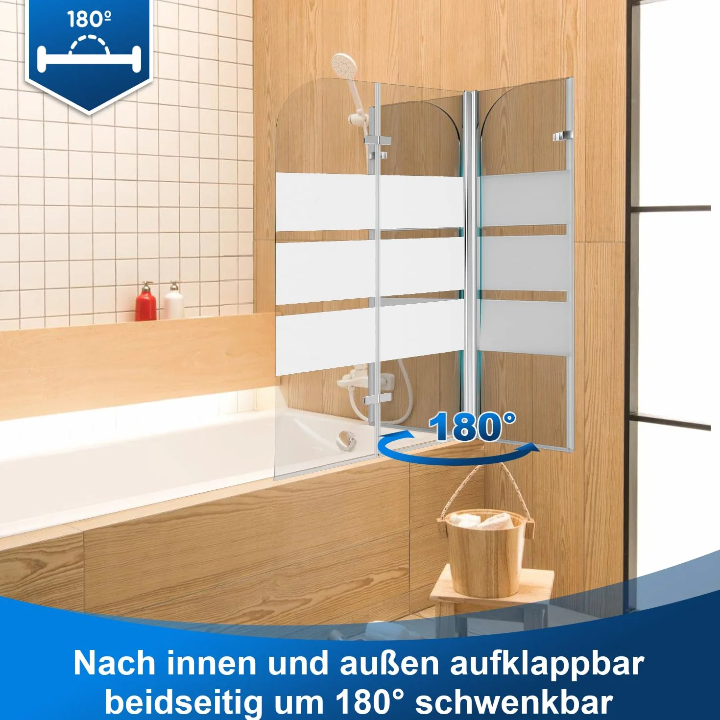 Daromigo Duschwand für Badewanne, 120x140cm Faltbar Duschwand Badewanne 3-Teilig,mit 6mm ESG Sicherheitsglas,Badewannen Duschwand Weiße Streifen,Glas Badewannenwand