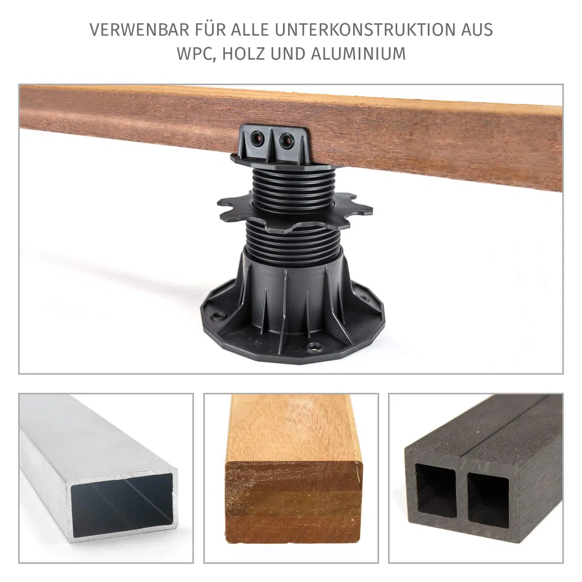 HORI Stelzlager Höhenverstellbar für Terrassendielen-Unterkonstruktion I Terrassenlager für WPC, Holz & Aluminium I Inkl. Befestigungswinkel & Vorbohrungen I Stufenlos Einstellbar - Stelzlager "S"