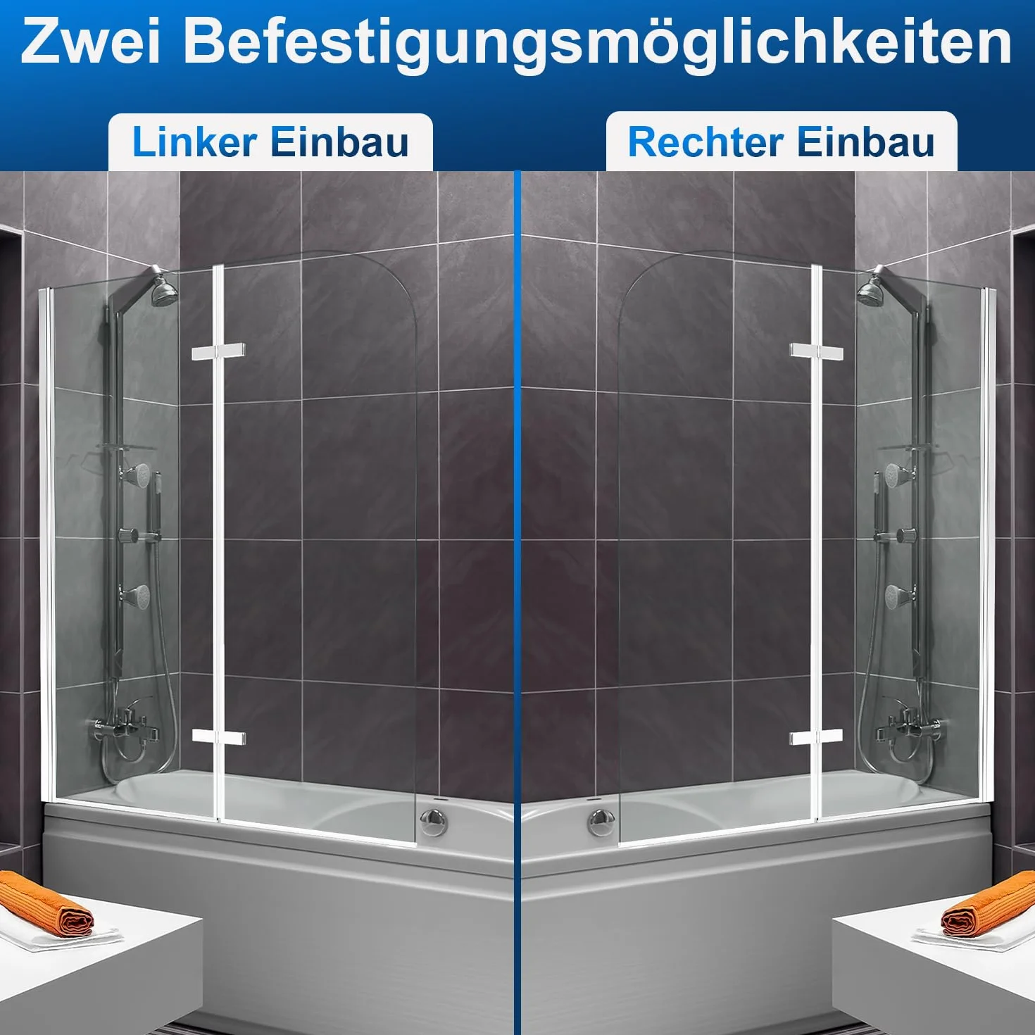 Duschwand für Badewanne 100 x 140 cm, faltbare 2-teilige Glas Duschtrennwand, 6 mm ESG Sicherheitsglas, Badewannenaufsatz, Silber Transparent