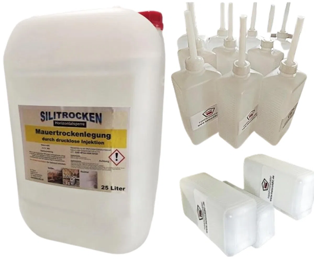 Verkieselung Komplett System - dauerhafte Horizontalsperre für innen und außen - "SILITROCKEN" 25 L + 15 Behälter