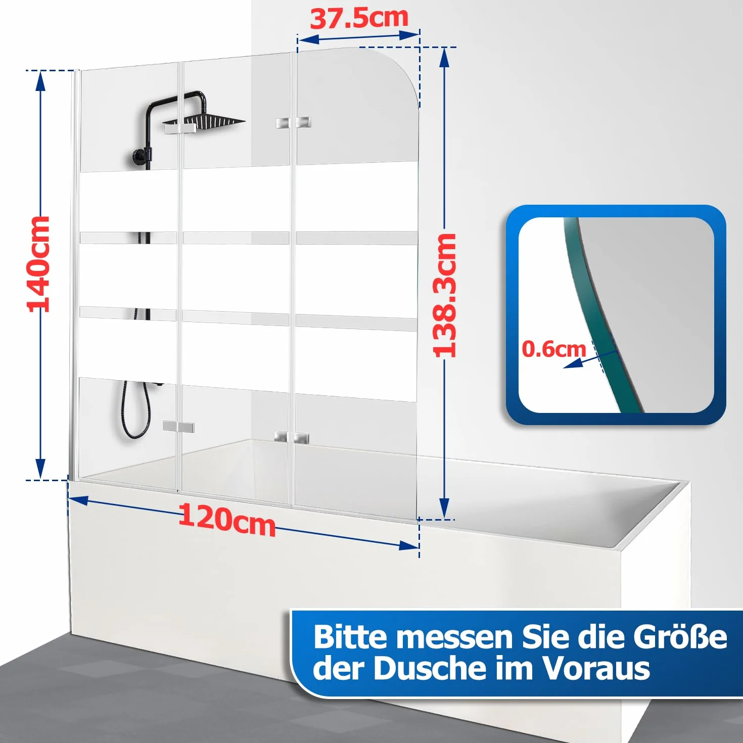 Daromigo Duschwand für Badewanne, 120x140cm Faltbar Duschwand Badewanne 3-Teilig,mit 6mm ESG Sicherheitsglas,Badewannen Duschwand Weiße Streifen,Glas Badewannenwand